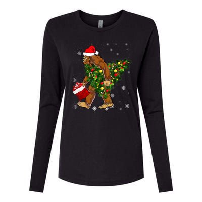 Bigfoot Carrying Christmas Tree Sasquatch Believer Pajama Womens Cotton Relaxed Long Sleeve T-Shirt