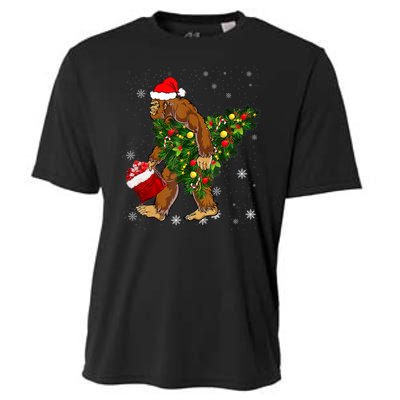 Bigfoot Carrying Christmas Tree Sasquatch Believer Pajama Cooling Performance Crew T-Shirt