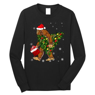 Bigfoot Carrying Christmas Tree Sasquatch Believer Pajama Long Sleeve Shirt