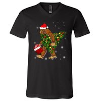 Bigfoot Carrying Christmas Tree Sasquatch Believer Pajama V-Neck T-Shirt