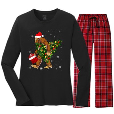 Bigfoot Carrying Christmas Tree Sasquatch Believer Pajama Women's Long Sleeve Flannel Pajama Set 