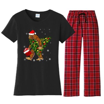 Bigfoot Carrying Christmas Tree Sasquatch Believer Pajama Women's Flannel Pajama Set