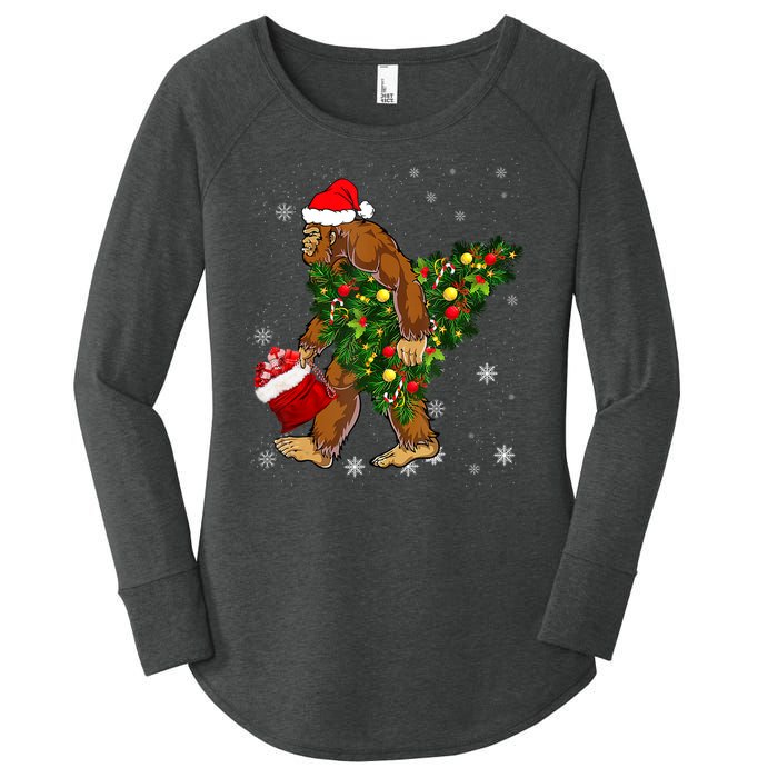 Bigfoot Carrying Christmas Tree Sasquatch Believer Pajama Women's Perfect Tri Tunic Long Sleeve Shirt