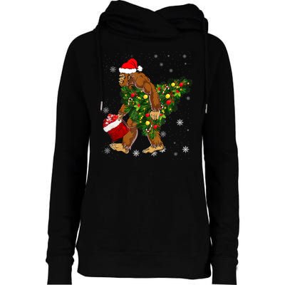 Bigfoot Carrying Christmas Tree Sasquatch Believer Pajama Womens Funnel Neck Pullover Hood