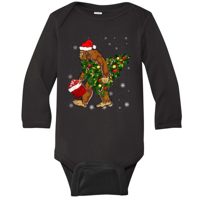 Bigfoot Carrying Christmas Tree Sasquatch Believer Pajama Baby Long Sleeve Bodysuit