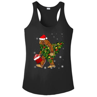 Bigfoot Carrying Christmas Tree Sasquatch Believer Pajama Ladies PosiCharge Competitor Racerback Tank