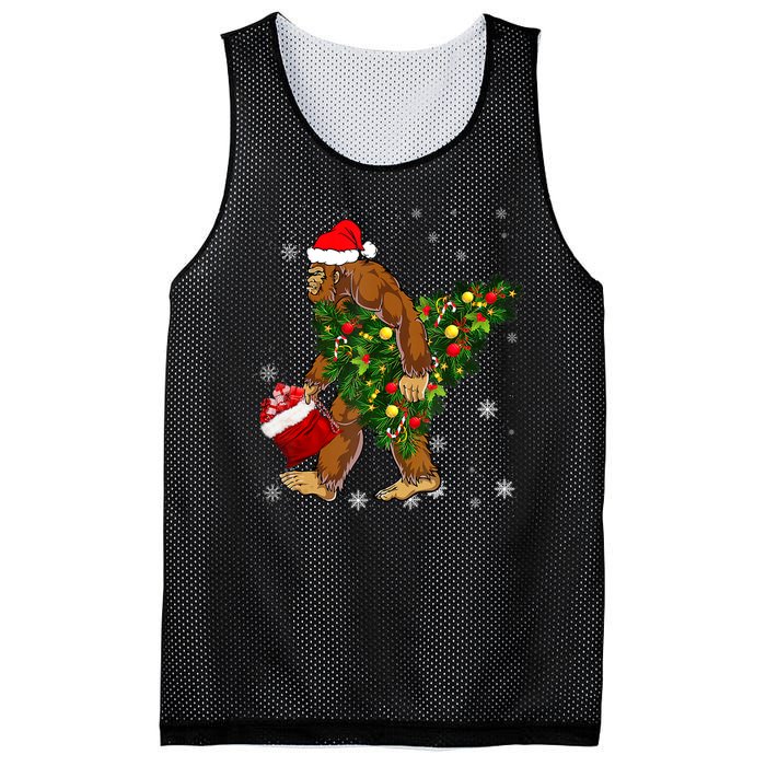 Bigfoot Carrying Christmas Tree Sasquatch Believer Pajama Mesh Reversible Basketball Jersey Tank