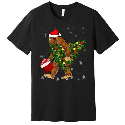 Bigfoot Carrying Christmas Tree Sasquatch Believer Pajama Premium T-Shirt