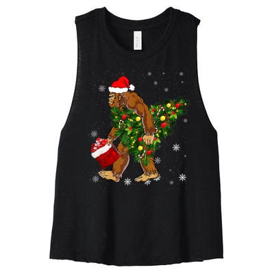 Bigfoot Carrying Christmas Tree Sasquatch Believer Pajama Women's Racerback Cropped Tank