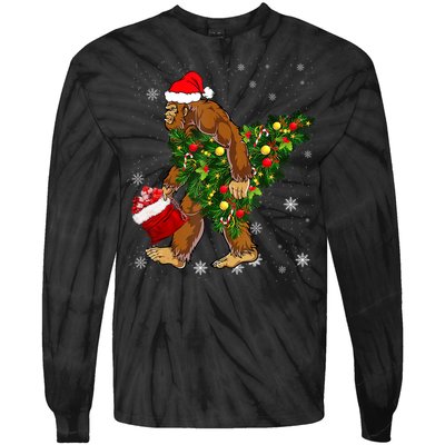 Bigfoot Carrying Christmas Tree Sasquatch Believer Pajama Tie-Dye Long Sleeve Shirt