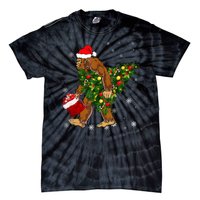 Bigfoot Carrying Christmas Tree Sasquatch Believer Pajama Tie-Dye T-Shirt