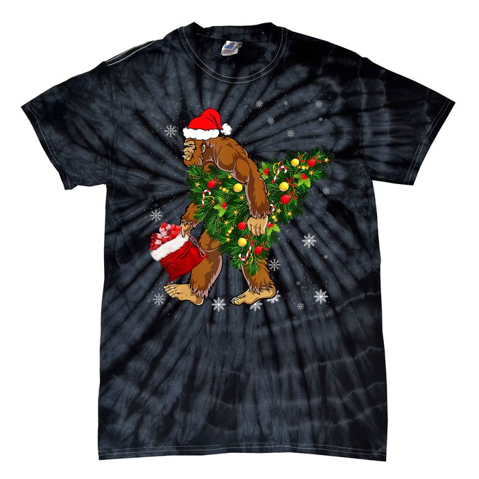 Bigfoot Carrying Christmas Tree Sasquatch Believer Pajama Tie-Dye T-Shirt