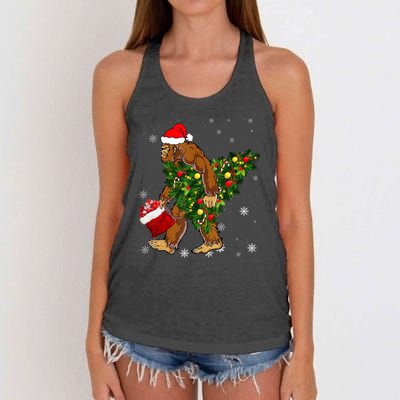 Bigfoot Carrying Christmas Tree Sasquatch Believer Pajama Women's Knotted Racerback Tank