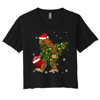 Bigfoot Carrying Christmas Tree Sasquatch Believer Pajama Women's Crop Top Tee