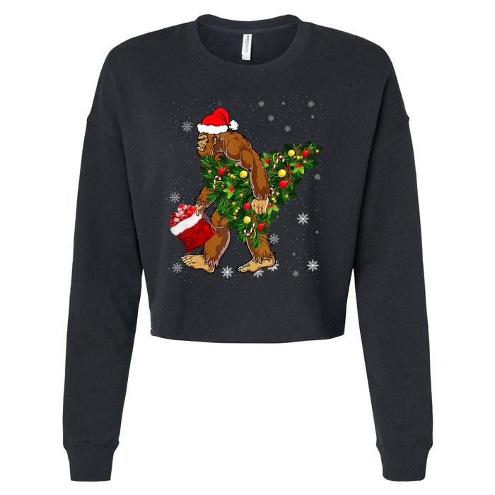 Bigfoot Carrying Christmas Tree Sasquatch Believer Pajama Cropped Pullover Crew