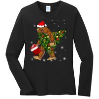 Bigfoot Carrying Christmas Tree Sasquatch Believer Pajama Ladies Long Sleeve Shirt