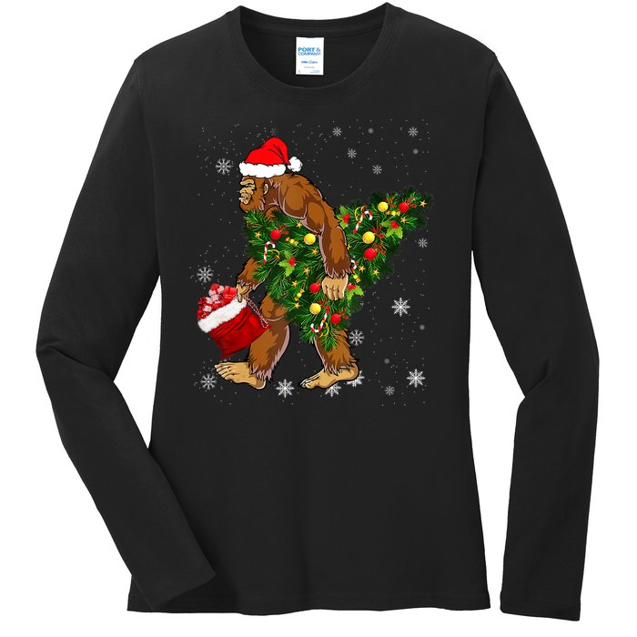 Bigfoot Carrying Christmas Tree Sasquatch Believer Pajama Ladies Long Sleeve Shirt