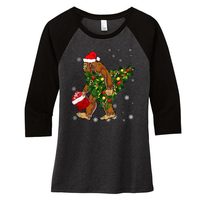 Bigfoot Carrying Christmas Tree Sasquatch Believer Pajama Women's Tri-Blend 3/4-Sleeve Raglan Shirt