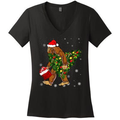 Bigfoot Carrying Christmas Tree Sasquatch Believer Pajama Women's V-Neck T-Shirt