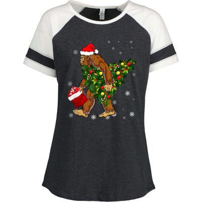 Bigfoot Carrying Christmas Tree Sasquatch Believer Pajama Enza Ladies Jersey Colorblock Tee