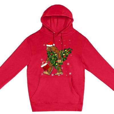 Bigfoot Carrying Christmas Tree Sasquatch Believer Pajama Premium Pullover Hoodie