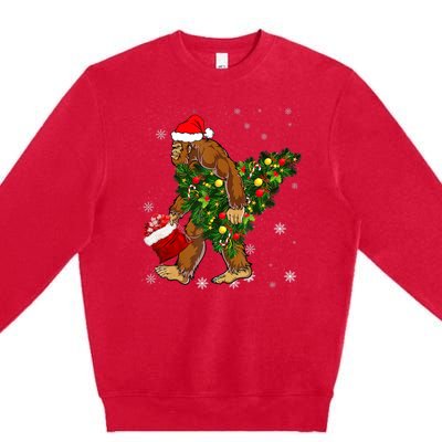 Bigfoot Carrying Christmas Tree Sasquatch Believer Pajama Premium Crewneck Sweatshirt