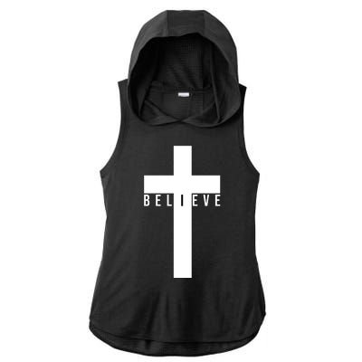 Believe Christian Cross Religious Ladies PosiCharge Tri-Blend Wicking Draft Hoodie Tank