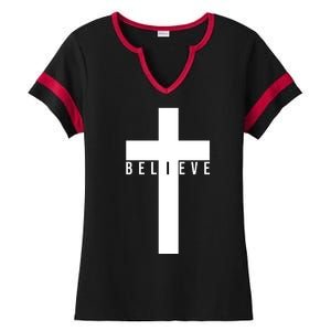 Believe Christian Cross Religious Ladies Halftime Notch Neck Tee