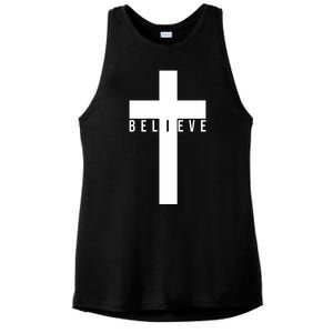 Believe Christian Cross Religious Ladies PosiCharge Tri-Blend Wicking Tank