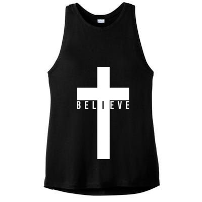 Believe Christian Cross Religious Ladies PosiCharge Tri-Blend Wicking Tank