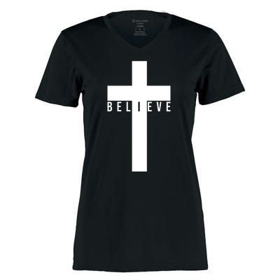 Believe Christian Cross Religious Women's Momentum V-Neck T-Shirt