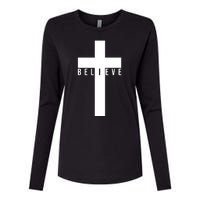 Believe Christian Cross Religious Womens Cotton Relaxed Long Sleeve T-Shirt