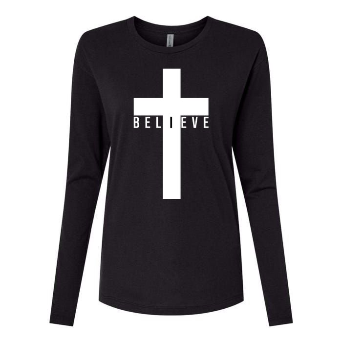 Believe Christian Cross Religious Womens Cotton Relaxed Long Sleeve T-Shirt