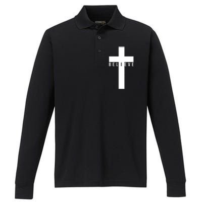 Believe Christian Cross Religious Performance Long Sleeve Polo