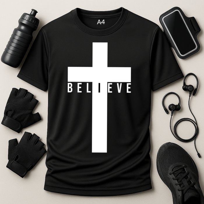 Believe Christian Cross Religious Cooling Performance Crew T-Shirt