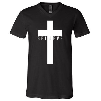 Believe Christian Cross Religious V-Neck T-Shirt