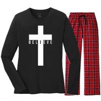 Believe Christian Cross Religious Women's Long Sleeve Flannel Pajama Set 