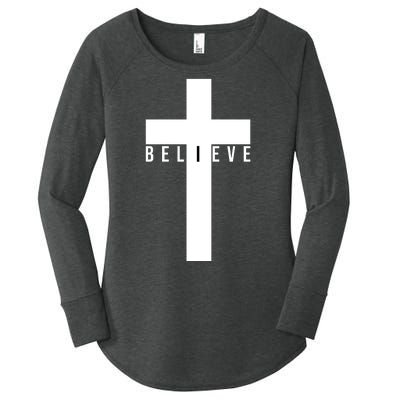 Believe Christian Cross Religious Women's Perfect Tri Tunic Long Sleeve Shirt