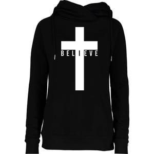 Believe Christian Cross Religious Womens Funnel Neck Pullover Hood