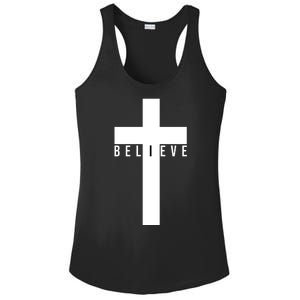 Believe Christian Cross Religious Ladies PosiCharge Competitor Racerback Tank