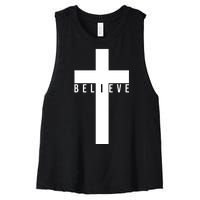 Believe Christian Cross Religious Women's Racerback Cropped Tank