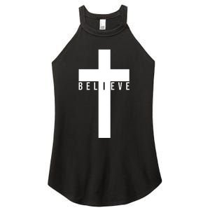 Believe Christian Cross Religious Women's Perfect Tri Rocker Tank