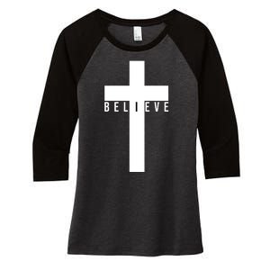 Believe Christian Cross Religious Women's Tri-Blend 3/4-Sleeve Raglan Shirt