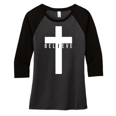 Believe Christian Cross Religious Women's Tri-Blend 3/4-Sleeve Raglan Shirt