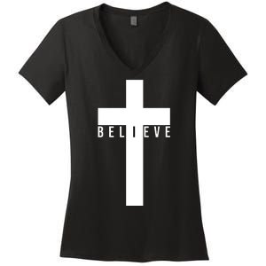 Believe Christian Cross Religious Women's V-Neck T-Shirt