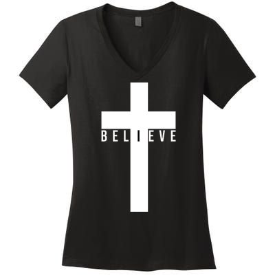 Believe Christian Cross Religious Women's V-Neck T-Shirt