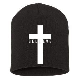 Believe Christian Cross Religious Short Acrylic Beanie