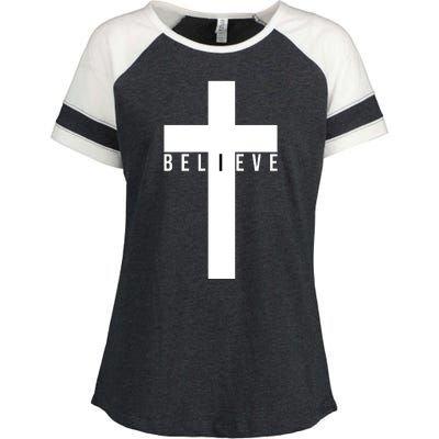 Believe Christian Cross Religious Enza Ladies Jersey Colorblock Tee