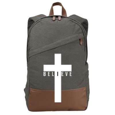 Believe Christian Cross Religious Cotton Canvas Backpack