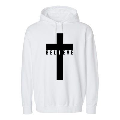 Believe Christian Cross Religious Garment-Dyed Fleece Hoodie